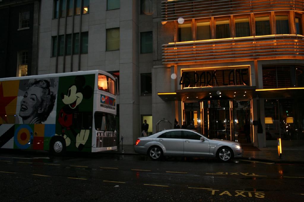 The London Private View of 'Liverpool Love' at 45 Park Lane - The Dorchester Collection with CCA Art bus outside the Lobby 2012